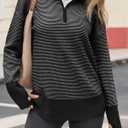 Saodimallsu Womens Quarter Zip Sweaters Striped Color Block Knit Sweatshirt Casual Trendy Pullover Tops with Thumb Hole Dark Grey (Gray)
