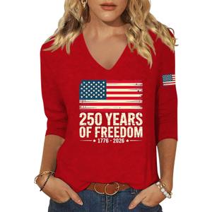 American Flag 3/4 Sleeve V Neck Shirt for Women 4th of July Independence Day Graphic Long Sleeve Tee Summer Patriotic Tops (Red, L)