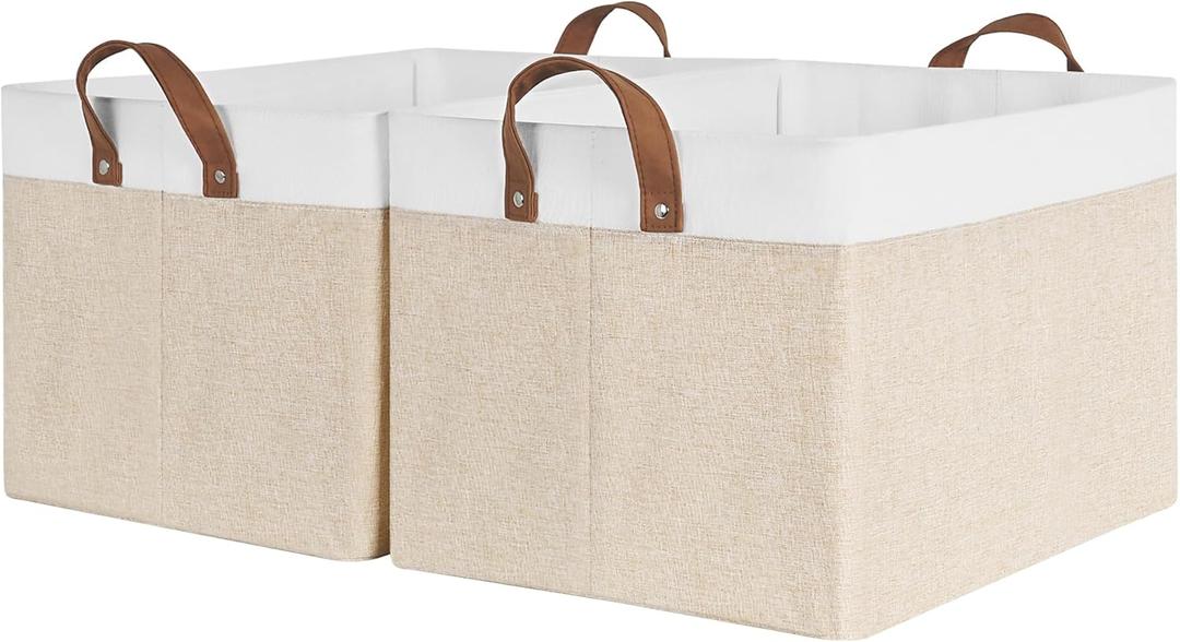 StorageWorks Storage Bins, Shelves Baskets for Organizing, 45L Extra Large Fabric Closet Organizers with Handles, Metal Frame, Brown and White, 2-Pack (19" L x 13 " W x 11" H)