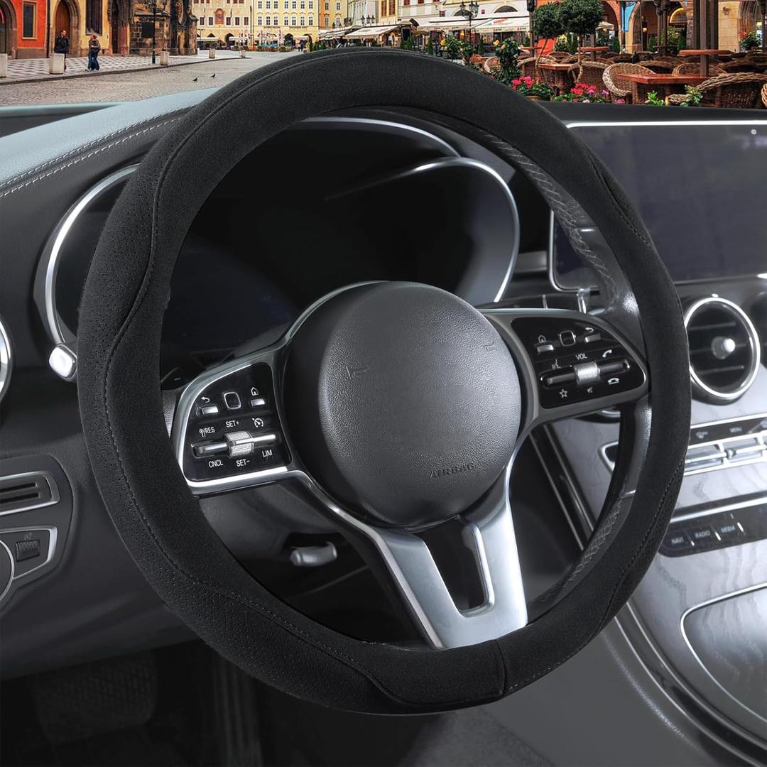 Black Suede Steering Wheel Cover, Breathable Non-Slip Sweat-Proof Wear-Resistant No Pilling, Warm in Winter and Cool in Summer, Universal 15 inch (Standard[14.5''-15''], Round-Black)
