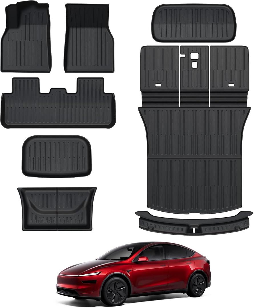 Floor Mats for 2025 2026 Tesla Model Y Juniper, 8PCS All Weather Full Set Cargo Liners Accessories, 3D TPE Odorless Floor Mat Trunk Frunk Rear Mats for 5-Seater(Not Fit 7Seat and Standard)