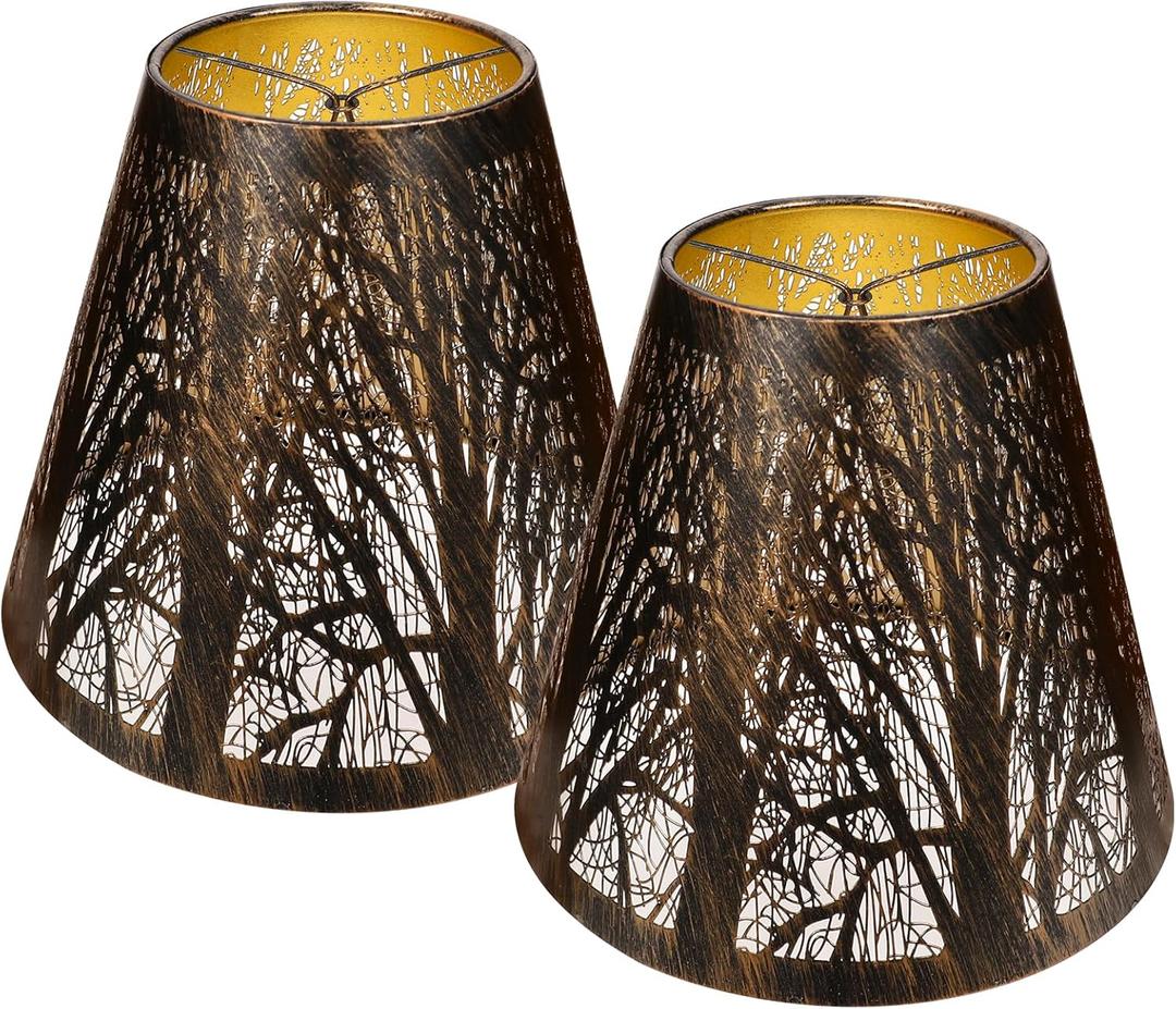 Chandelier Lamp Shades Set of 2, Small Metal Lampshade Etched Forest Pattern Chandelier Shades For Candelabra Bulbs, Clip-on Bulb Fitter Mini Small Lampshades, 3" x 6" x 5"