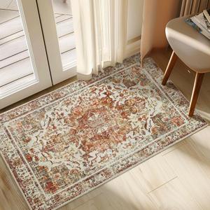 Entryway Rug - 2'x3' Boho Soft Low Pile Washable Area Rug, Non-Slip Small Rugs Indoor for Front Door Entrance Kitchen Bathroom, Vintage Carpet Stain Resistance (Khaki, 2x3ft)