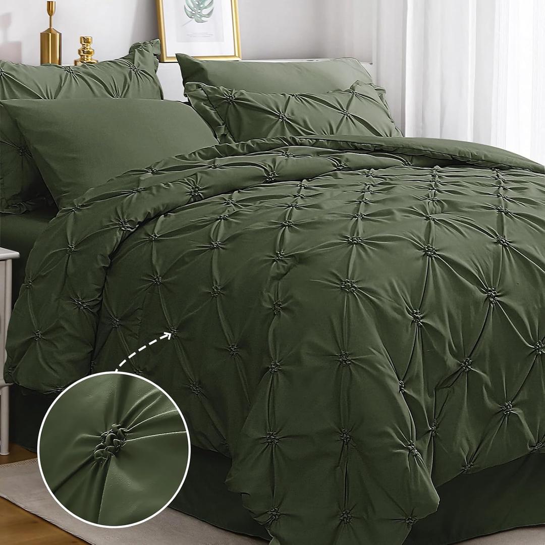 JOLLYVOGUE Olive Green Queen Size Comforter Sets 7 Pieces, Pintuck Bed in a Bag Comforter Set for Bedroom, Bedding Comforter Sets with Comforter, Sheets, Ruffled Shams & Pillowcases (Queen(88"x 88"))
