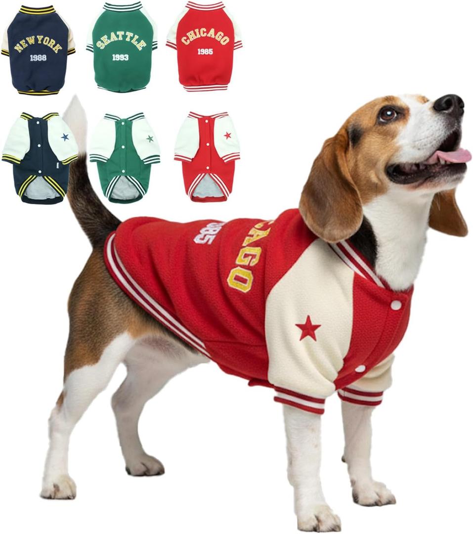 X-Large Dog Winter Fleece Jacket Stylish Varsity Doggy Coat with Snap Closure & Thick Lining, Pet Outfit Clothes for Large Dogs, Puppy Sport Jackets, Fashion Pup Baseball Uniforms, Red XL