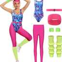 Womens Aerobics Costume 80s Workout Outfit 90s Accessories Set Retro Jogging Suit Waist Bag Gym Yoga Running, large