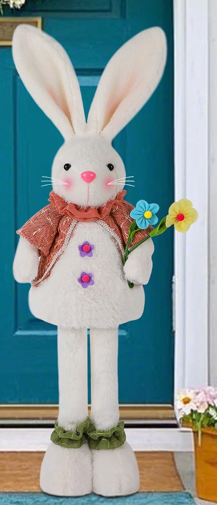 Glintoper 1 Pack Easter Standing Bunny with Stretchable Legs, 18" to 25" Plush Rabbits Couple Figurine, Cute Party Favor Photo Props Gifts for Office Kitchen Farmhouse Front Door Spring Home Decor