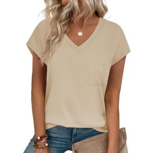 SAMPEEL Women's V Neck Cap Sleeve T-Shirt (Beige, M)