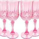JUSONEY 7oz Vintage Plastic Wine Glasses,Crystal Textured Plastic Goblets,Disposable Wine Glasses for Parties,Weddings,Elegant Events(6-Pink)