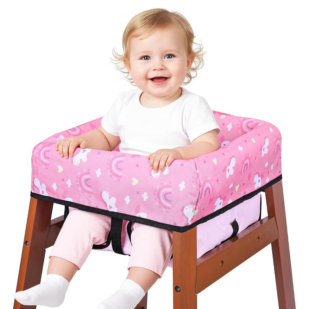 High Chair Cover, Baby High Chair Cover for Restaurants, Waterproof Portable Highchair Covers with 3-Point Harness for Eating, Travel, Home, Machine Washable, Fits Wooden Chairs (Pink)