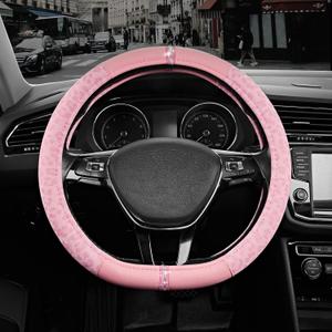Road Comforts Leopard Steering Wheel Cover for Women, Cute Anti-Slip Microfiber Leather, Fits D Shape Flat Bottom Steering Wheel 14.5-15 Inch - Pink and Pink Leapoard
