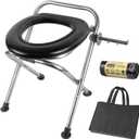 Portable Toilet for Camping, 350LB Capacity Stainless Steel Folding Toilet with Soft Seat & Bags, Collapsible Design for RV, Hiking, Road Trips, Boating, Outdoor