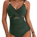 Blooming Jelly Womens One Piece Swimsuit Metal Modest Tummy Control Bathing Suit Slimming Full Coverage Mesh Swim Suits (Large, Army Green)