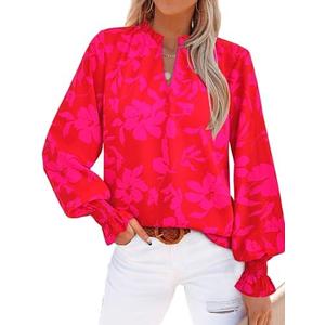 MASCOMODA Womens V Neck Floral Long Sleeve Tops 2025 Summer Casual Loose Puff Sleeve Chiffon Boho Work Blouse Dressy T Shirts, XXL
