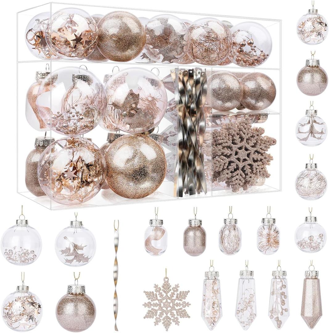 SHareconn 52pcs Christmas Balls Ornaments Set, Shatterproof Plastic Clear Decorative Baubles for Xmas Tree Decor Holiday Wedding Party Decoration with Hooks Included, Champagne (52CT)