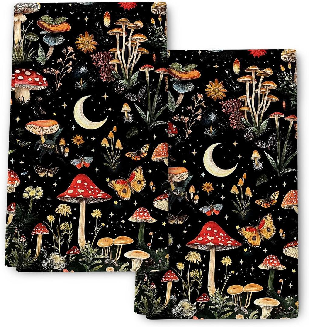Mushroom Moth Kitchen Towel Set of 2 Soft Absorbent Black Hand Tea Towels for Kitchen Witchy Gifts Bathroom Home Decorations 16"x 24"