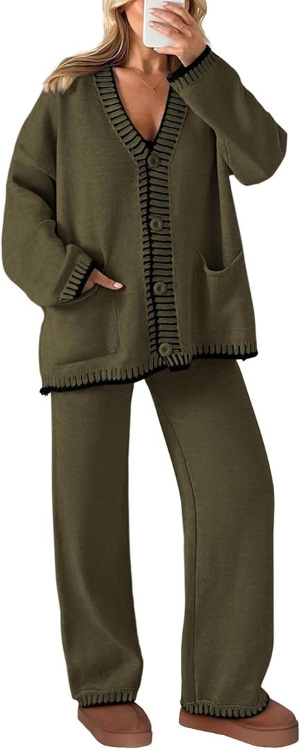 PRETTYGARDEN Lounge Sets for Women Fall 2026 Loungewear 2 Piece Outfits Cardigan Sweaters Track Suit Matching Winter Clothing (Green XL)