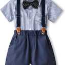Boarnseorl Baby Boys Gentleman Outfits Shorts Sets,Infant Shirt + Shorts + Bow Tie + Suspenders (3-4T, White+blue)