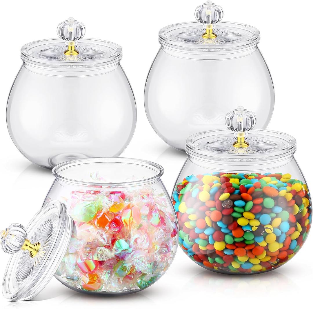 Nuogo 4 Pcs Plastic Candy and Cookie Jars with Lids Clear Cookie Container Candy Jars Large Airtight Apothecary Storage Organization for Wedding Home Kitchen Bar (Classic,16 oz)