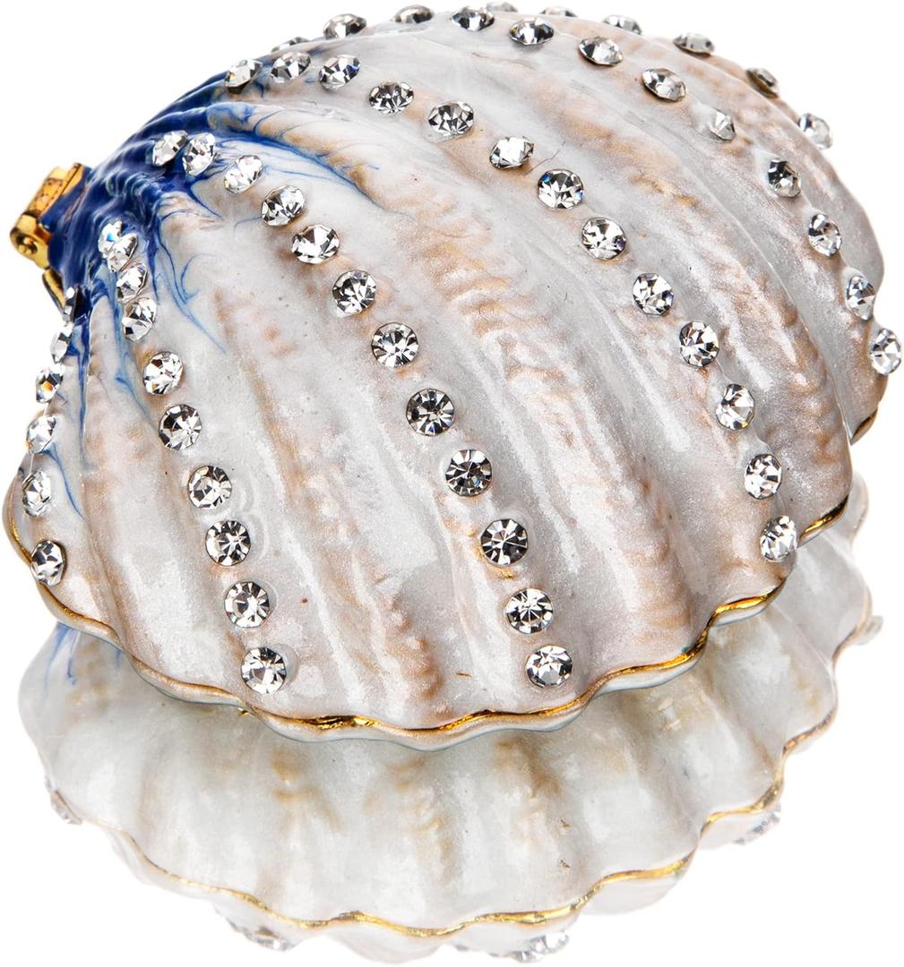 YU FENG 2.3inch Seashell Figurine Trinket Box Hinged Crystals Jeweled Painted Enameled Collectible Ocean Jewelry Box (Dark Blue) Christmas Gift
