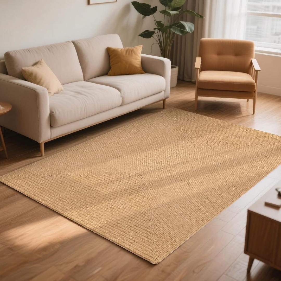 5x8 Jute Rug, Hand Woven Natural Fiber Aera Rug, Solid Farmhouse Mat for High Traffic Areas, Living Room, Bedroom, Dining Room, Office, Kitchen, Outdoor (Natural Brown, 5' x 8') (5' x 8' (Rectangular), Natural Color - Rectangular)