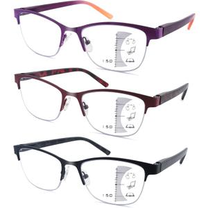 3 Pack Progressive Multifocus Reading Glasses for Women Men No Line Multifocal Readers Metal Half Frame Eyeglasses with Spring Hinges (Multicolor, +2.25)