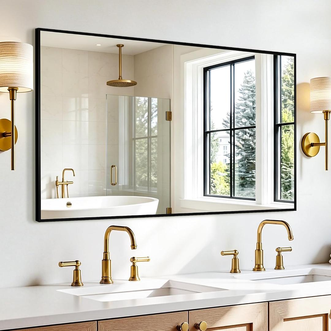 Rectangular Bathroom Mirror, 55"x30" Black Metal Framed Vanity Mirror