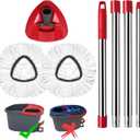 Mop Replace Heads Mop Handle Base Replacement Compatible with O Cedar EasyWring 1-Tank Spin Mops System, 2 Microfiber Mops Head Refills, 4-Section Handle 30-58in and 1 Cover Set(No Bucket)