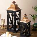 Large Farmhouse Wooden Lanterns with Metal Top, Decorative Floor Lanterns Set of 2, Black Frame with Rustic Gold Accents, Indoor/Outdoor Hurricane Lanterns for Home Decor (No Glass)