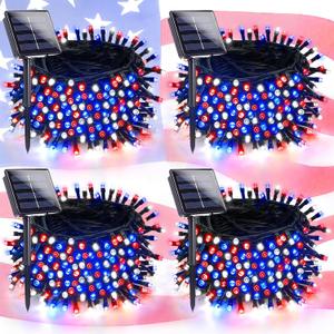 4 Pack Red White and Blue Solar String Lights, 320LED 180FT 4th of July Decorations Outdoor Waterproof, 8 Modes Patriotic Solar Fairy Twinkle Lights for Independence Memorial National Day Decorations