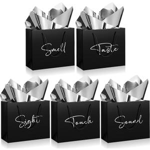 Sweetude 5 Pcs 5 Senses Black Gift Bags for Him and Her, Senses Gift Bags with Handles and 10 Pcs Tissue Paper, 9 x 4 x 7.8 Inch Elegant Paper Decor for Birthday Wedding Anniversary