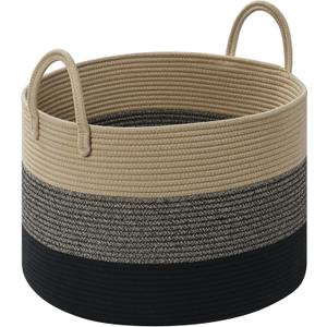 Blanket Basket Living Room, 67L Large Round Storage Basket, Cotton Rope Laundry Baskets & Toy Storage Organizer for Nursery, Bedroom, 20"13", Black & Brown