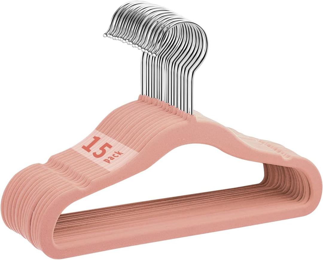 Kids Velvet Hangers 15 Pack, 11 Inch Size Non-Slip Baby Hangers, Space-Saving Nursery Hangers, Perfect Infant/Toddler Clothes Hangers for Daily Use(Pink)