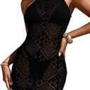 ChiaoLezhee Women's Backless Swimsuit Cover up, Crochet Mesh Halter Mini Dress, Sexy Beach Vacation Outfits, Summer Cute Knit Boho Bathing Bikini Short Clothes See Through, Black, Medium