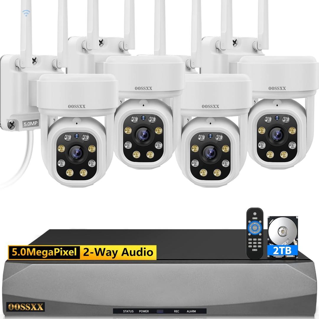 OOSSXX (Auto-Video Tracking & 2-Way Audio) WiFi PTZ Outdoor Security Camera System Pan 5MP Wireless Cameras System 10 Channel NVR Video Surveillance DVR Set