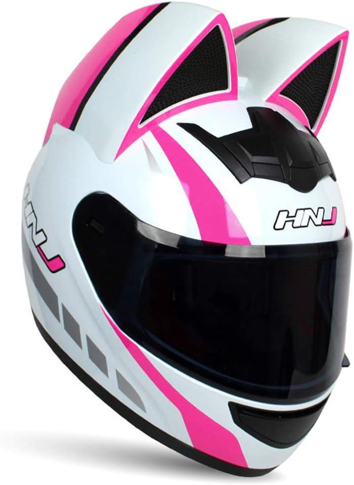 Adult Personalized Cat Ear Motorcycle Helmet,Men and Women Cool Cat Locomotive Motorcycle Full Face Helmet,DOT/FMVSS-218 Certification Standard,Suitable for All Seasons (Large, PINKWHITE)