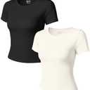 OQQ Women Short Sleeve 2 Piece T-Shirts Crew Neck Fitted Basic Tee 2025 Summer Crop Top Black Beige, M