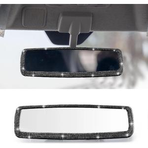 Car Accessories for Women, Bling Rear View Mirror Clip On, Wide Angle Rearview Mirror HD Rhinestone Mirror, Sparkly Car Interior Accessories (Black)