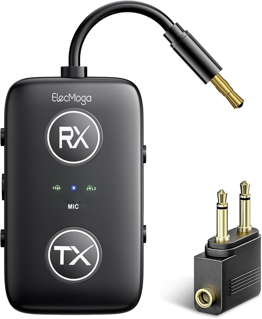 2025 Upgraded Airplane Bluetooth 5.4 Transmitter with Qualcomm Chipset, ElecMoga Airplane Travel Essentials Supports 2 AirPods or Headphones, 2-in-1 AUX Wireless Receiver for Gym, TV, Car, Audio (Black)