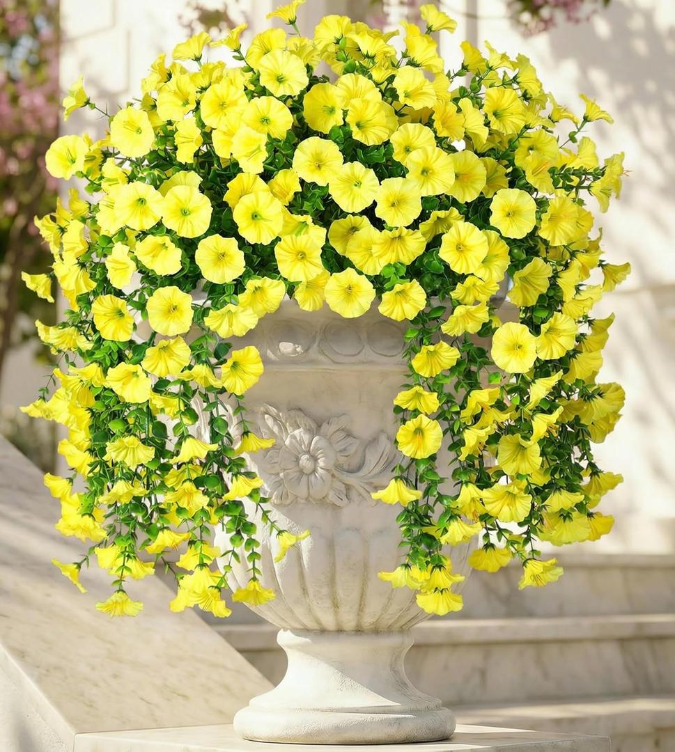 Ivydale 2 PCS Artificial Hanging Flowers Fake Plants Outdoor,Silk Morning Glory Faux Flowers with Eucalyptus Leaves,UV Resistant Realistic Hanging Petunias Plants for Home Garden Decor (Yellow)