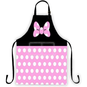 Cartoon Mouse Apron, Polka Dots Aprons for Cute Girl Women Cooking Kitchen Aprons Adjustable Neck Strap with 2 Pockets (Blush Pink)