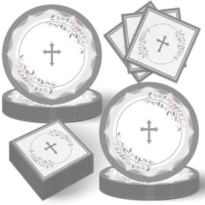 40Pcs Gray God Bless Plstes and Napkins First Communion Decorations Baptism Decorations for Boys Girls (A15)