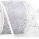 Ribbli Snowflake Glitter Wired Ribbon,White Organza Sheer with Silver Glitter Big Snowflake Pattern and Iridescent Edge,2-1/2 Inch x 10Yards Christmas Ribbon for Tree Decoration