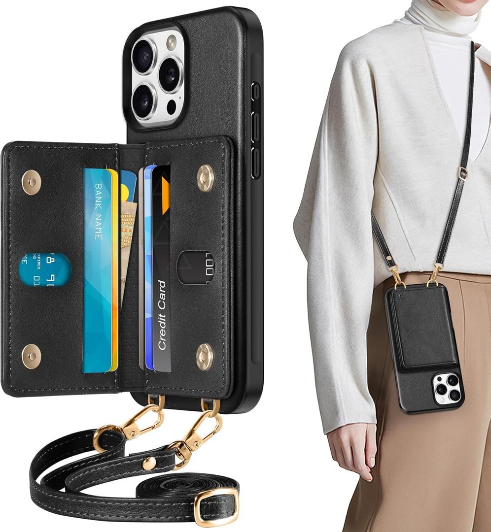 TUCCH Crossbody Wallet Case for iPhone 16 Pro Max (6.9"), RFID Blocking [6 Card Slots][Detachable Adjustable Lanyard], Magnetic Wallet PU Leather Shockproof Phone Cover for iPhone 16 Pro Max, Black