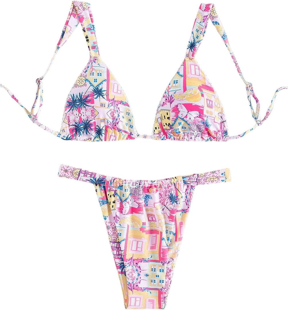 Women's High Waisted Bikini Set Floral Print Spaghetti Strap Smocked Wireless Bathing Suit Swimsuit 2 Piece Set (Small, Light Pink)
