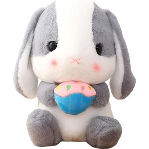 HOUPU Soft Toy - Sitting Lop Eared Rabbit, Easter White Rabbit Stuffed Bunny Animal with Carrot Soft Lovely Realistic Long-Eared Standing Pink Plush Toys (Ash White-Cake, 8.6in/22cm)