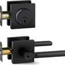 Berlin Modisch Entry Lever Door Handle and Single Cylinder Deadbolt Lock and Key Slim Square Locking Lever Handle Set [Front Door or Office] Right & Left Sided Doors Heavy Duty  Iron Black Finish