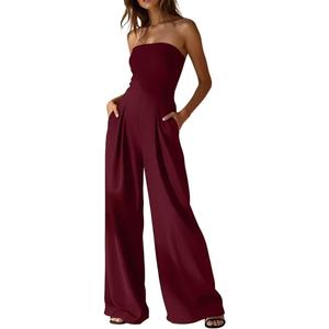 XXTAXN Women's Sexy Elegant Strapless Tube Sleeveless Cocktail Party Work One Piece Wide Leg Jumpsuit With Side Pocket Winered (Red)