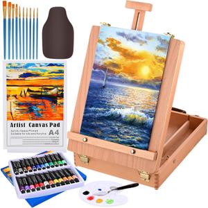 Tabletop Easel Acrylic Paint Set, 40 Pack Painting Kits for Adults, Painting Supplies with 24 Acrylic Paints, 10 Brushes, Art Easel, Paint Palette, Canvas, Paint Set Gifts for Students Artist Beginner