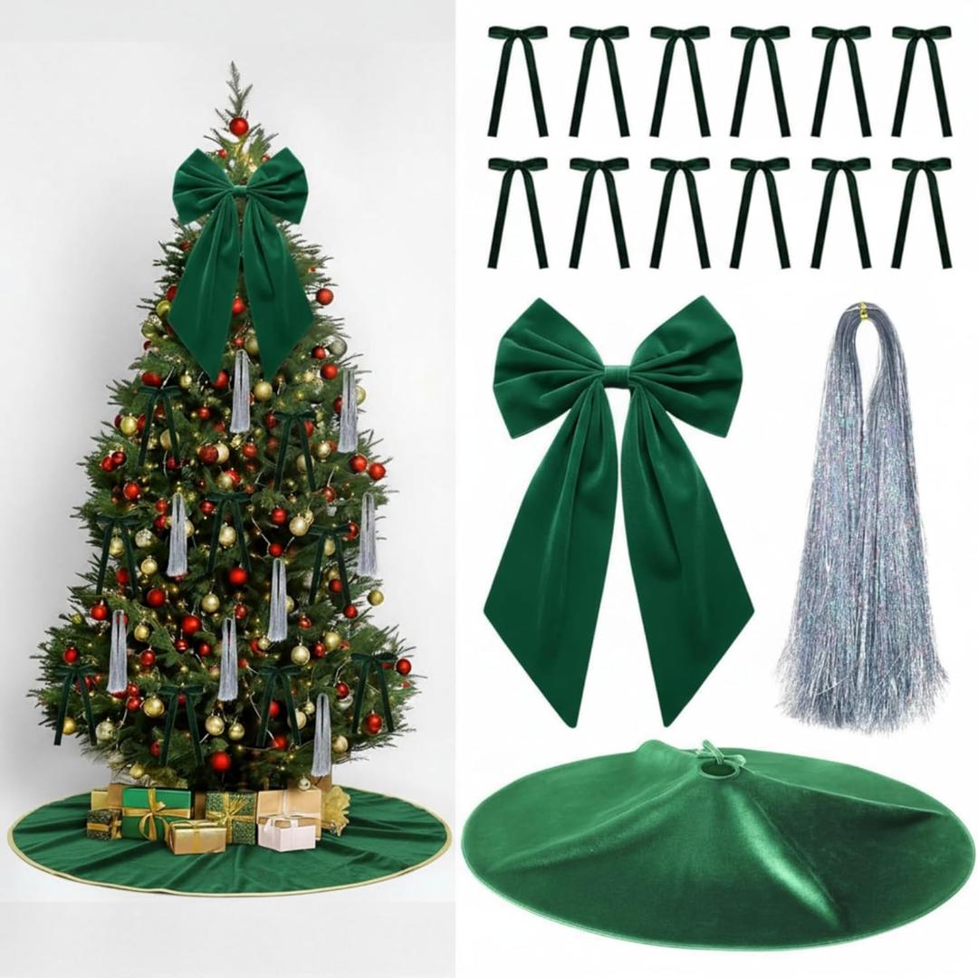 Gejoy Olive Green Velvet Christmas Ornaments Set-12 Velvet Bows, 1 Christmas Tree Skirt, 1 Large Tree Topper Bow, 5000 Strands Silver Tinsel Icicles for Xmas Trees Wreaths Fireplace Gifts Decor